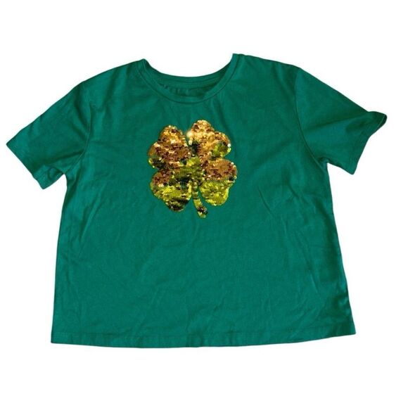 St. Patrick's Day Kids Short Sleeve Sequin Four Leaf Clover T Shirt L (10-12) - Picture 5 of 5